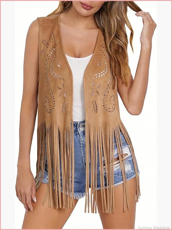 Jackets & Blazers - Western Tassels Fringe Vest Sleeveless Faux Suede Open Front Cardigan Boho 70s
